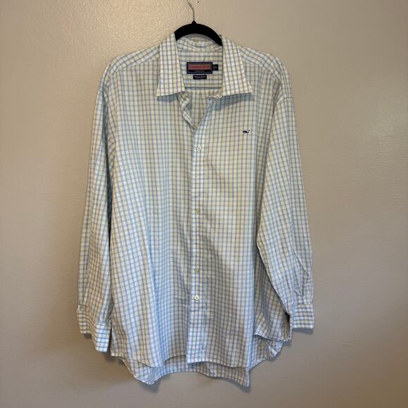 Vineyard Vines Men's Classic Fit Whale Shirt Blue Yellow Checkered Button Up XXL - Picture 1 of 9